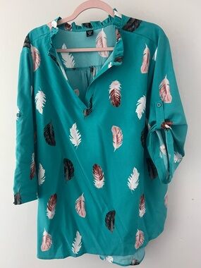 SHEIN Teal Feather-Print V-Neck Roll-Tab Tunic